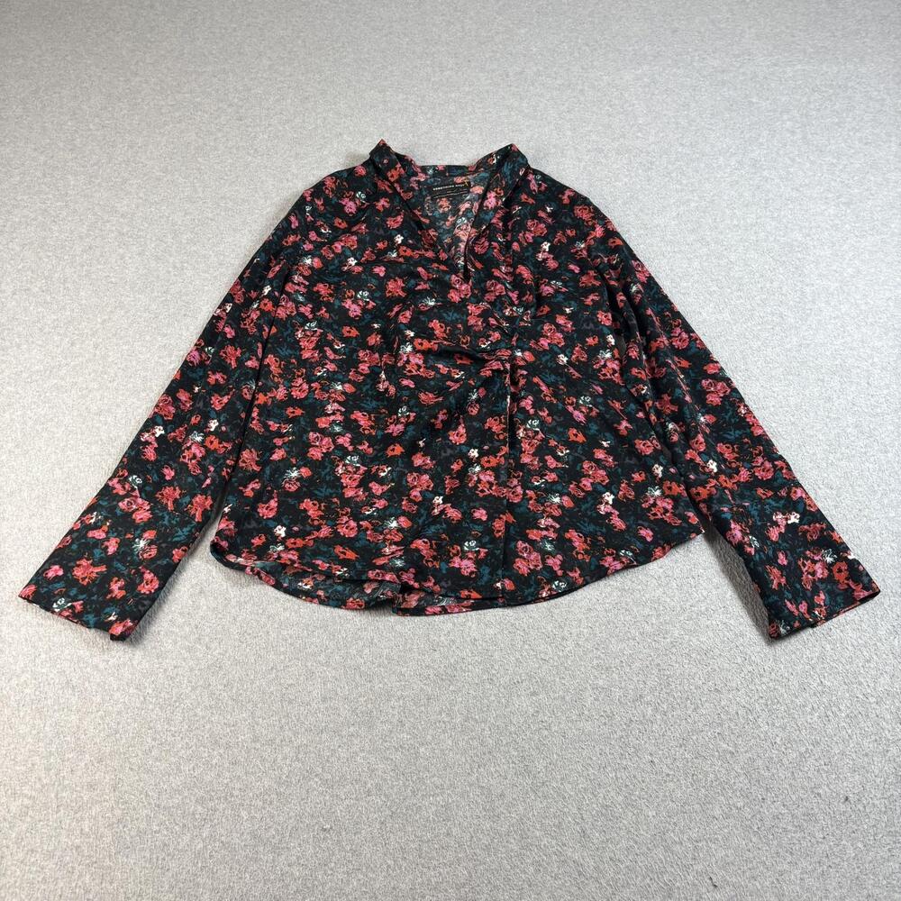 Something Navy Shirt Women Medium Black Ditzy Floral Ruched Romantic Boho Twee